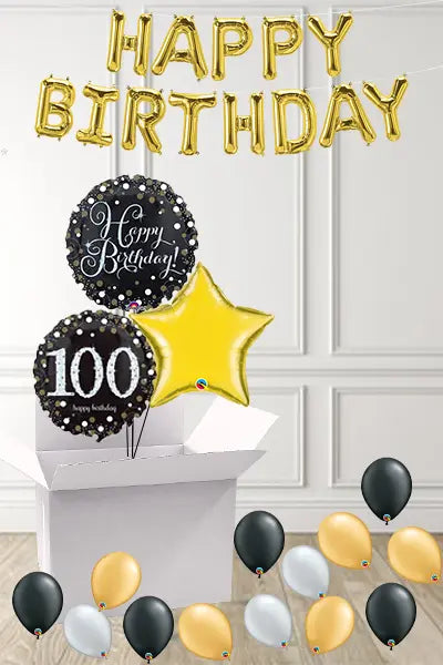 Dotty Black & Gold 100th Birthday foils in a Box delivered Nationwide The Ultimate Balloon And Party Shop Cheltenham & Gloucester Balloons & Fancy Dress 