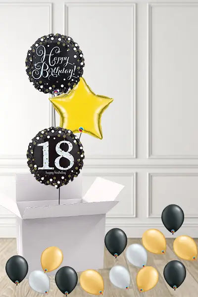 Dotty Black & Gold 18th Birthday foils in a Box delivered Nationwide The Ultimate Balloon And Party Shop Cheltenham & Gloucester Balloons & Fancy Dress 