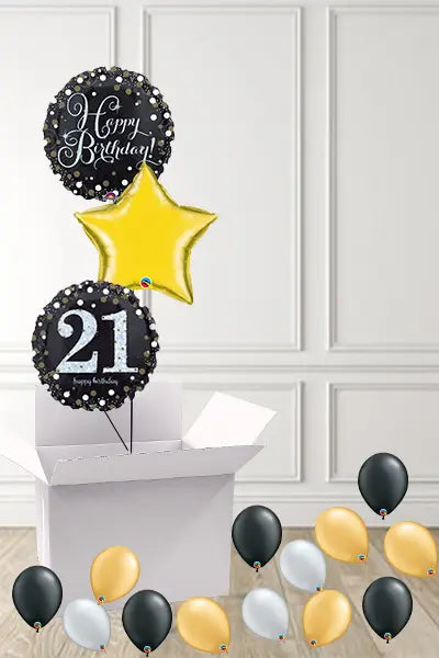 Dotty Black & Gold 21st Birthday foils in a Box delivered Nationwide The Ultimate Balloon And Party Shop Cheltenham & Gloucester Balloons & Fancy Dress 