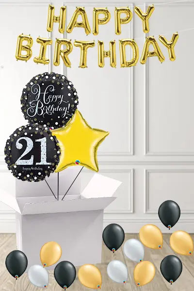 Dotty Black & Gold 21st Birthday foils in a Box delivered Nationwide The Ultimate Balloon And Party Shop Cheltenham & Gloucester Balloons & Fancy Dress 
