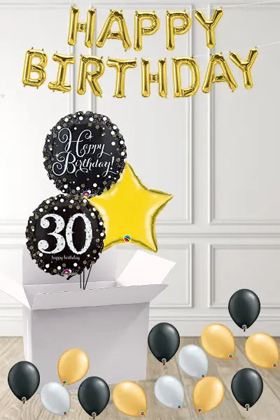Dotty Black & Gold 30th Birthday foils in a Box delivered Nationwide The Ultimate Balloon And Party Shop Cheltenham & Gloucester Balloons & Fancy Dress 