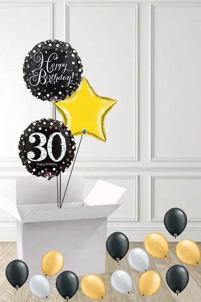 Dotty Black & Gold 30th Birthday foils in a Box delivered Nationwide The Ultimate Balloon And Party Shop Cheltenham & Gloucester Balloons & Fancy Dress 