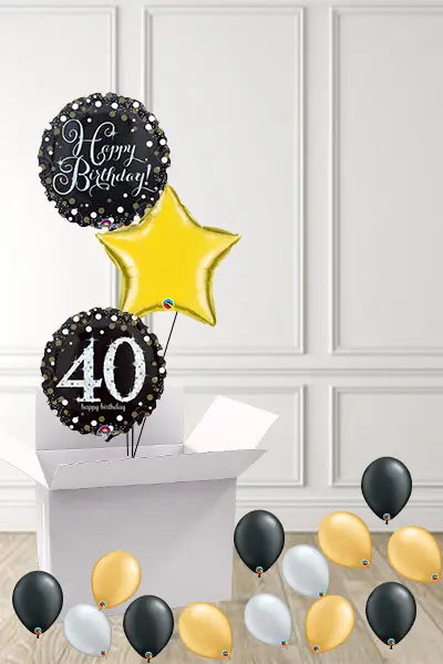Dotty Black & Gold 40th Birthday foils in a Box delivered Nationwide The Ultimate Balloon And Party Shop Cheltenham & Gloucester Balloons & Fancy Dress 