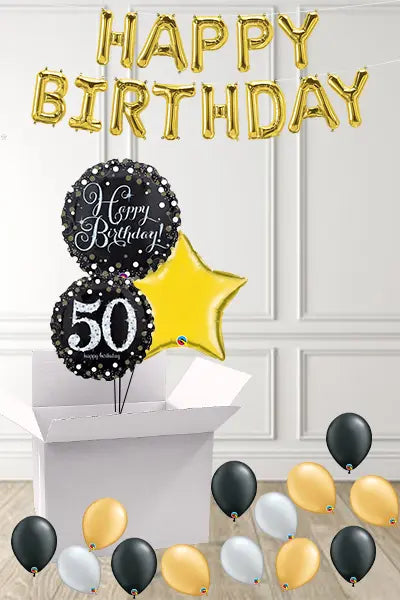 Dotty Black & Gold 50th Birthday foils in a Box delivered Nationwide The Ultimate Balloon And Party Shop Cheltenham & Gloucester Balloons & Fancy Dress 