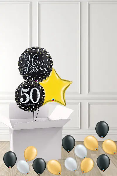 Dotty Black & Gold 50th Birthday foils in a Box delivered Nationwide The Ultimate Balloon And Party Shop Cheltenham & Gloucester Balloons & Fancy Dress 