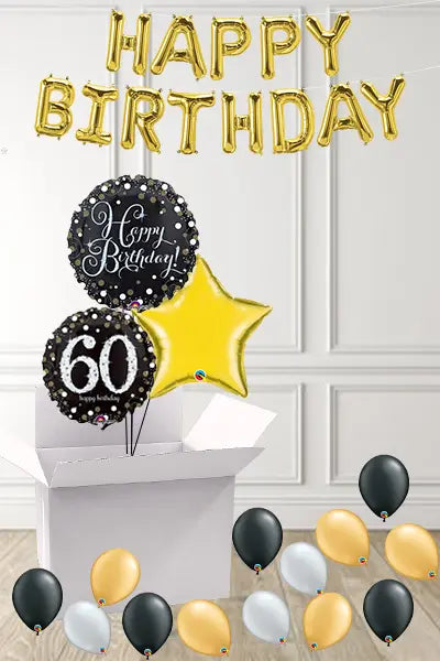 Dotty Black & Gold 60th Birthday foils in a Box delivered Nationwide The Ultimate Balloon And Party Shop Cheltenham & Gloucester Balloons & Fancy Dress 