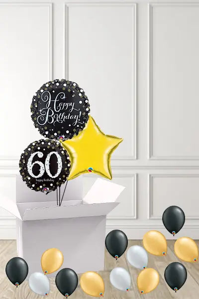 Dotty Black & Gold 60th Birthday foils in a Box delivered Nationwide The Ultimate Balloon And Party Shop Cheltenham & Gloucester Balloons & Fancy Dress 