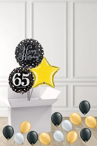 Dotty Black & Gold 65th Birthday foils in a Box delivered Nationwide The Ultimate Balloon And Party Shop Cheltenham & Gloucester Balloons & Fancy Dress 