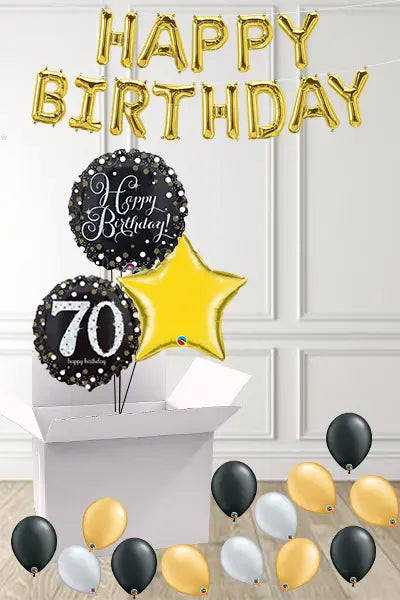 Dotty Black & Gold 70th Birthday foils in a Box delivered Nationwide The Ultimate Balloon And Party Shop Cheltenham & Gloucester Balloons & Fancy Dress 