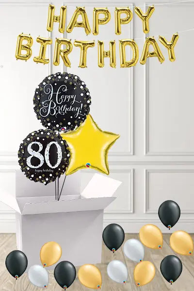 Dotty Black & Gold 80th Birthday foils in a Box delivered Nationwide The Ultimate Balloon And Party Shop Cheltenham & Gloucester Balloons & Fancy Dress 