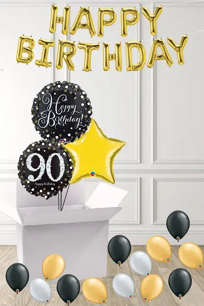 Dotty Black & Gold 90th Birthday foils in a Box delivered Nationwide The Ultimate Balloon And Party Shop Cheltenham & Gloucester Balloons & Fancy Dress 