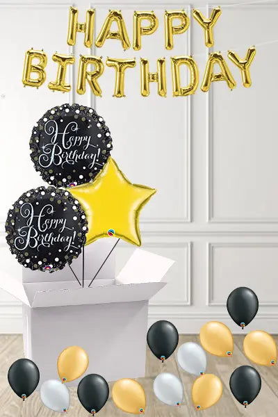 Dotty Black & Gold Birthday foils in a Box delivered Nationwide The Ultimate Balloon And Party Shop Cheltenham & Gloucester Balloons & Fancy Dress 