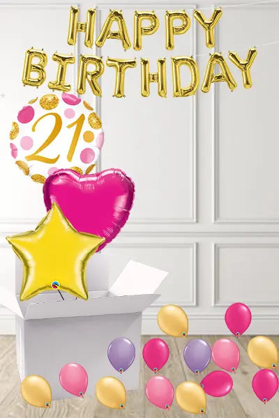 Dotty Pink & Gold 21st Birthday foils in a Box delivered Nationwide The Ultimate Balloon And Party Shop Cheltenham & Gloucester Balloons & Fancy Dress 