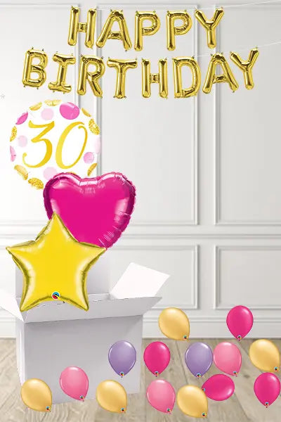 Dotty Pink & Gold 30th Birthday foils in a Box delivered Nationwide The Ultimate Balloon And Party Shop Cheltenham & Gloucester Balloons & Fancy Dress 