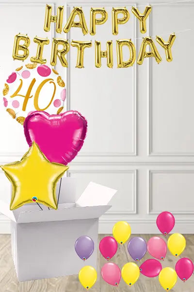 Dotty Pink & Gold 40th Birthday foils in a Box delivered Nationwide The Ultimate Balloon And Party Shop Cheltenham & Gloucester Balloons & Fancy Dress 