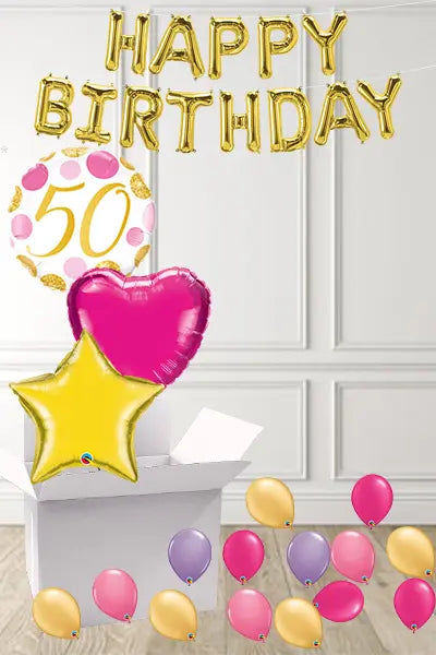 Dotty Pink & Gold 50th Birthday foils in a Box delivered Nationwide The Ultimate Balloon And Party Shop Cheltenham & Gloucester Balloons & Fancy Dress 
