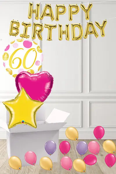 Dotty Pink & Gold 60th Birthday foils in a Box delivered Nationwide The Ultimate Balloon And Party Shop Cheltenham & Gloucester Balloons & Fancy Dress 