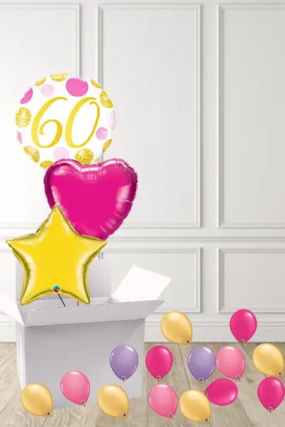Dotty Pink & Gold 60th Birthday foils in a Box delivered Nationwide The Ultimate Balloon And Party Shop Cheltenham & Gloucester Balloons & Fancy Dress 
