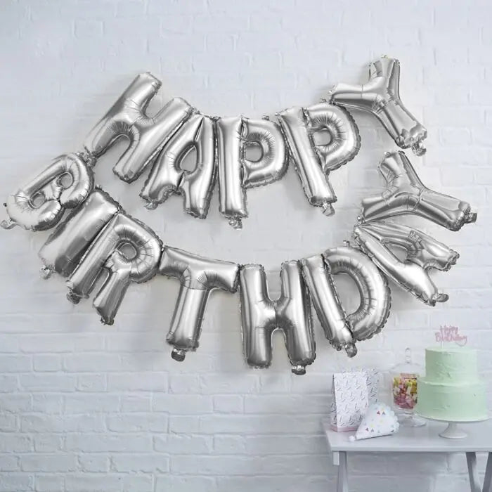 Happy Birthday Balloon Banner in Silver The Ultimate Balloon And Party Shop Cheltenham & Gloucester Balloons & Fancy Dress 