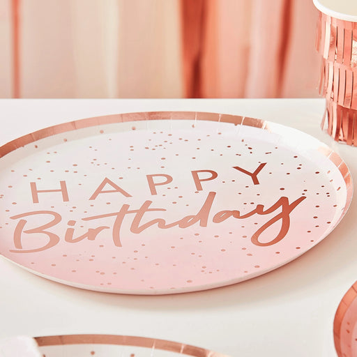 Happy Birthday Paper Plates - Rose Gold/Pink Ombre The Ultimate Balloon And Party Shop Cheltenham & Gloucester Balloons & Fancy Dress 