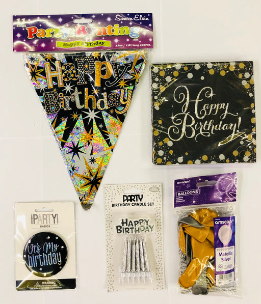 Happy Birthday Party Pack - Black/Gold The Ultimate Balloon And Party Shop Cheltenham & Gloucester Balloons & Fancy Dress 