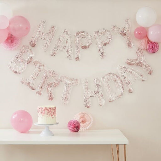 Happy Birthday Balloon Banner Rose Gold Confetti - The Ultimate Balloon & Party Shop