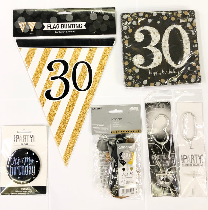 30th Birthday Party Pack - Black/Gold - The Ultimate Balloon & Party Shop