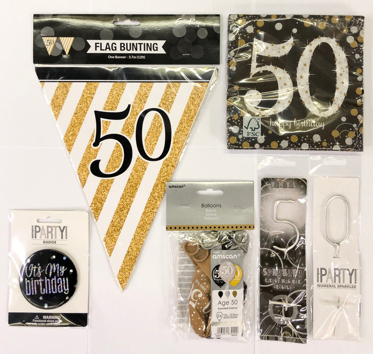 50th Birthday Party Pack - Black/Gold - The Ultimate Balloon & Party Shop