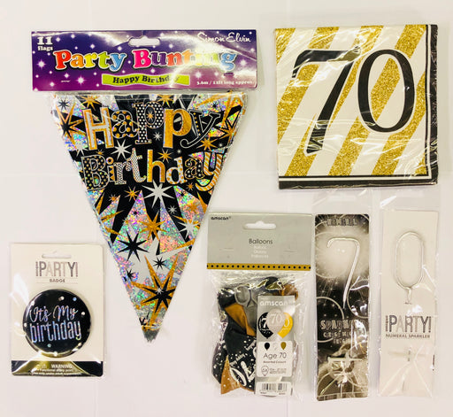 70th Birthday Party Pack - Black/Gold - The Ultimate Balloon & Party Shop