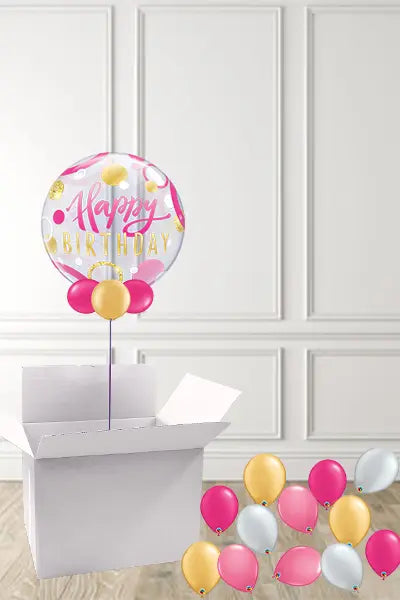 Pink & Gold Happy Birthday Bubble in a Box delivered Nationwide The Ultimate Balloon And Party Shop Cheltenham & Gloucester Balloons & Fancy Dress 