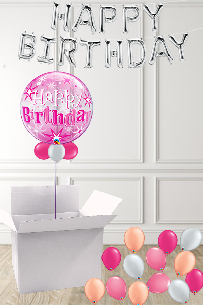 Pink Happy birthday bubble in a box delivered nationwide - The Ultimate Balloon & Party Shop