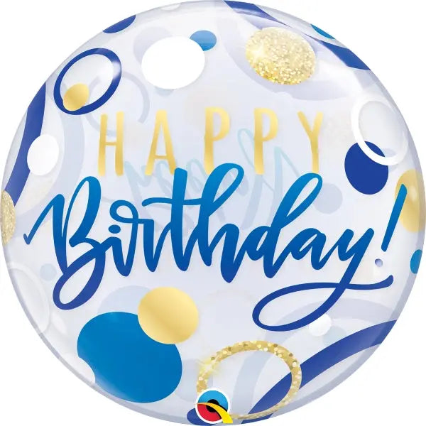 Qualatex Happy Birthday Bubble Balloon -  Blue/Gold The Ultimate Balloon And Party Shop Cheltenham & Gloucester Balloons & Fancy Dress 