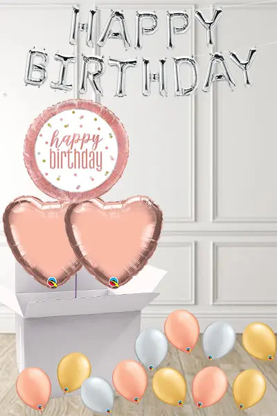Rose Gold Happy Birthday foils  in a Box delivered Nationwide The Ultimate Balloon And Party Shop Cheltenham & Gloucester Balloons & Fancy Dress 