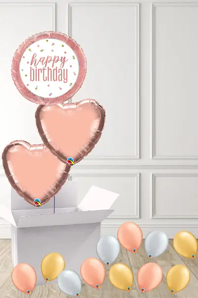 Rose Gold Happy Birthday foils  in a Box delivered Nationwide The Ultimate Balloon And Party Shop Cheltenham & Gloucester Balloons & Fancy Dress 