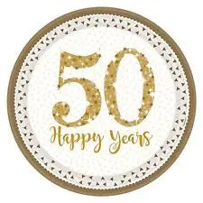 Round 50th Anniversary Plates - White & Gold The Ultimate Balloon And Party Shop Cheltenham & Gloucester Balloons & Fancy Dress 