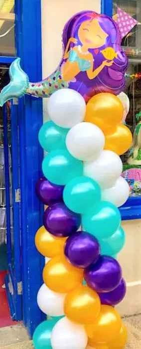 Turquoise, Purple & Gold Columns with Mermaid Topper The Ultimate Balloon And Party Shop Cheltenham & Gloucester Balloons & Fancy Dress 