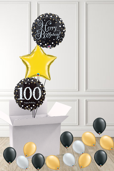 Dotty Black & Gold 100th Birthday foils in a Box delivered Nationwide - The Ultimate Balloon & Party Shop