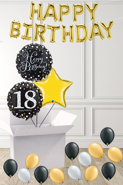 Dotty Black & Gold 18th Birthday foils in a Box delivered Nationwide - The Ultimate Balloon & Party Shop