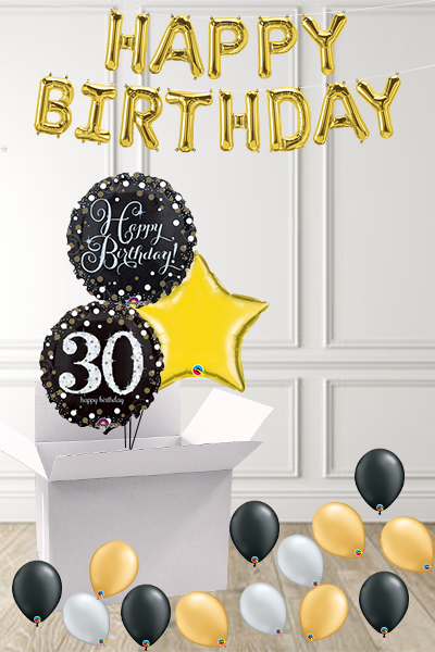 Dotty Black & Gold 30th Birthday foils in a Box delivered Nationwide - The Ultimate Balloon & Party Shop