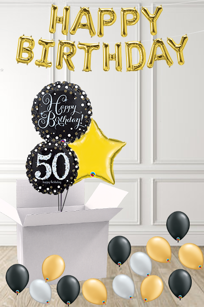 Dotty Black & Gold 50th Birthday foils in a Box delivered Nationwide - The Ultimate Balloon & Party Shop