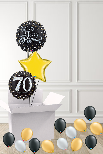 Dotty Black & Gold 70th Birthday foils in a Box delivered Nationwide - The Ultimate Balloon & Party Shop