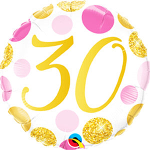 18" Foil Age 30 Balloon - Pink/Gold Dots - The Ultimate Balloon & Party Shop