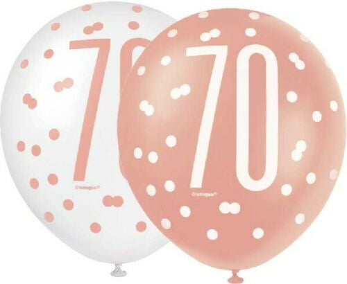 Age 70 Asst Birthday Balloons 6 Pack - Rose Gold/White