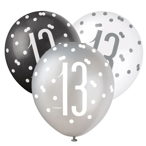 Age 13 Asst Birthday Balloons (6pk) - Black, White & Silver