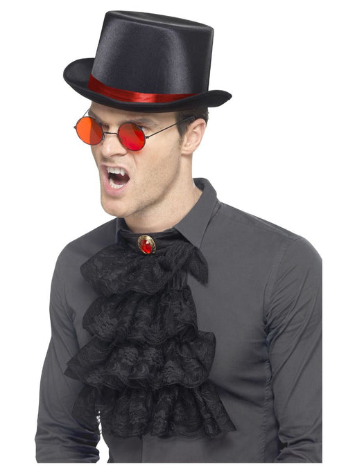 Gothic Black Top Hat with neck ruffle and glasses