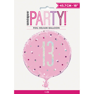 18" Foil Age 13 Balloon - Baby Pink Dots - The Ultimate Balloon & Party Shop