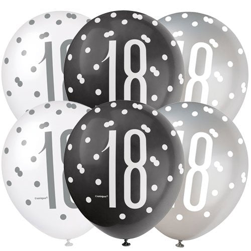 Age 18 Asst Birthday Balloons (6pk) - Black/Silver