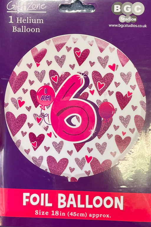 18" Foil Age 6 Balloon - pink hearts