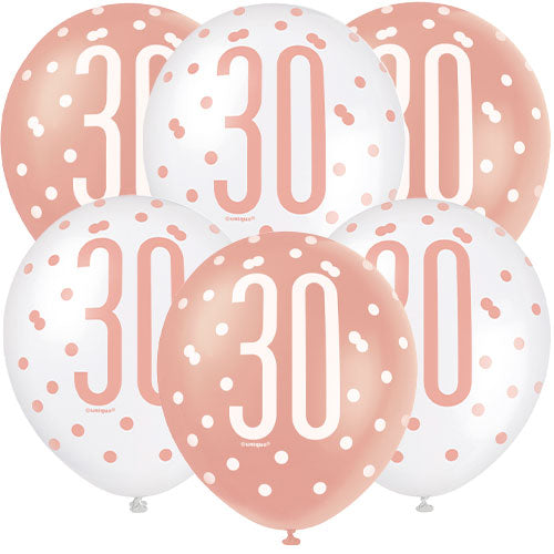 Age 30 Asst Birthday Balloons (6pk) - Rose Gold