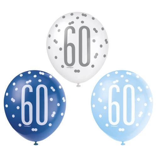 Age 60 Asst Birthday Balloons (6pk) - Blue